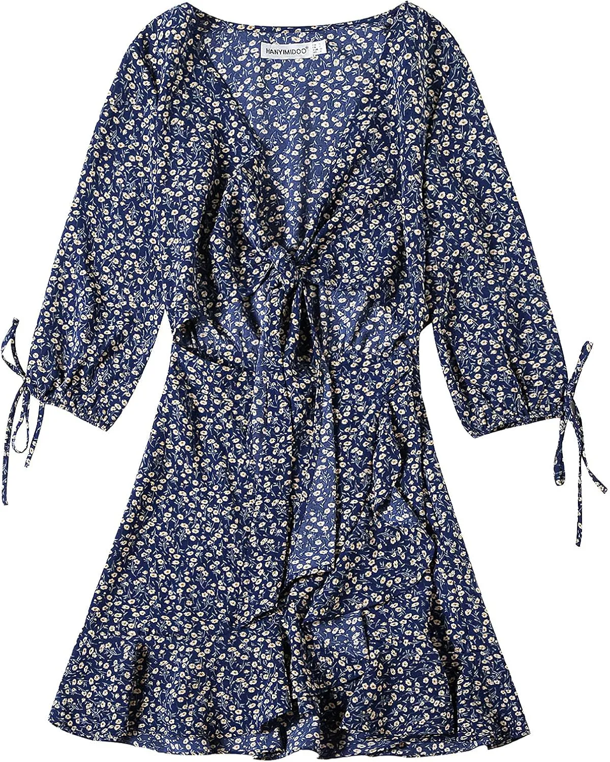 Pantete Womens Summer Floral Short Dress Casual 3/4 Sleeve Tie Dress Ruffle Mini Dress V Neck