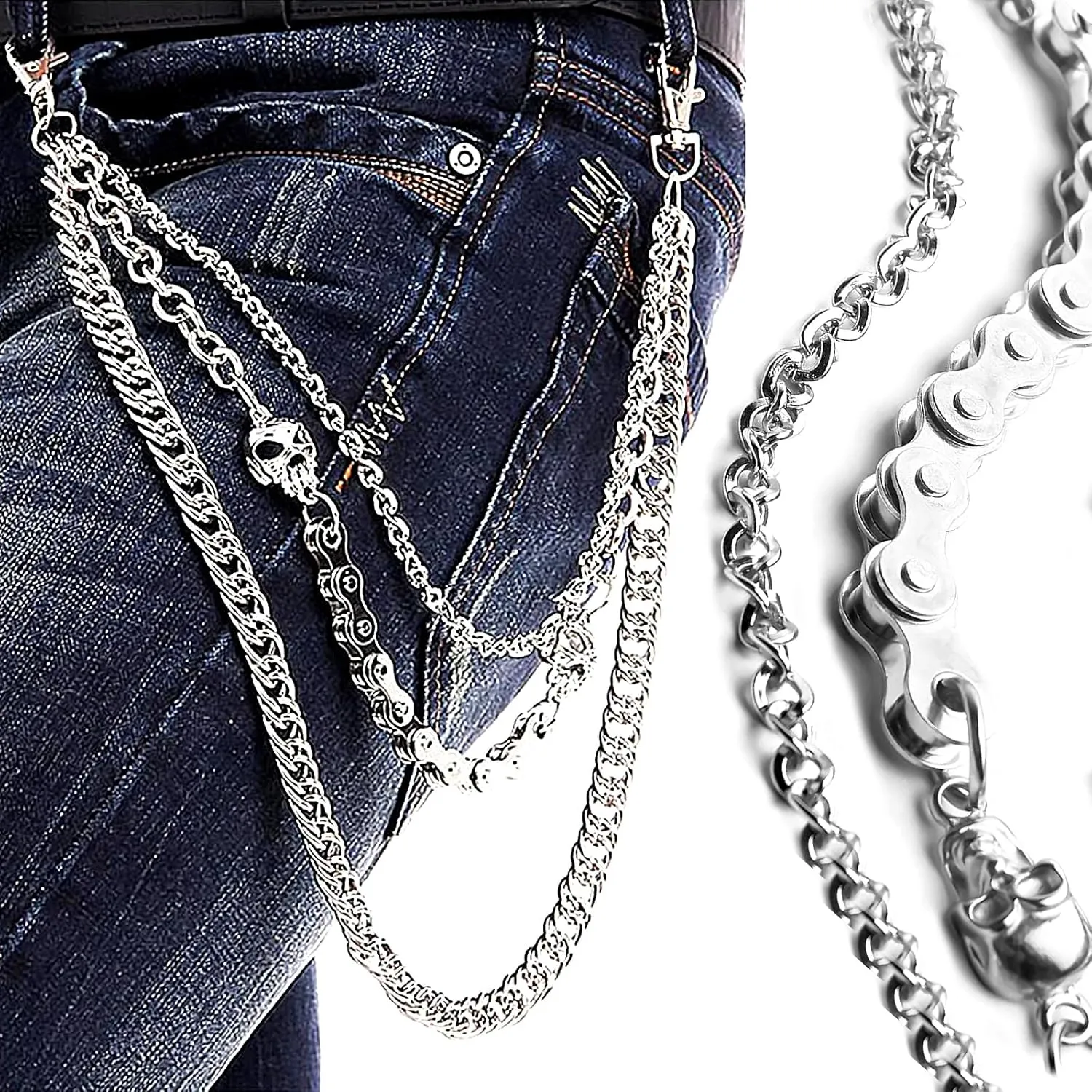 Pants Chain for Men Women,Biker Skull Chain Wallet,Long Cool EMO Punk Trousers Pocket Belt Key Chains for Hip Hop Rock Jean Gothic