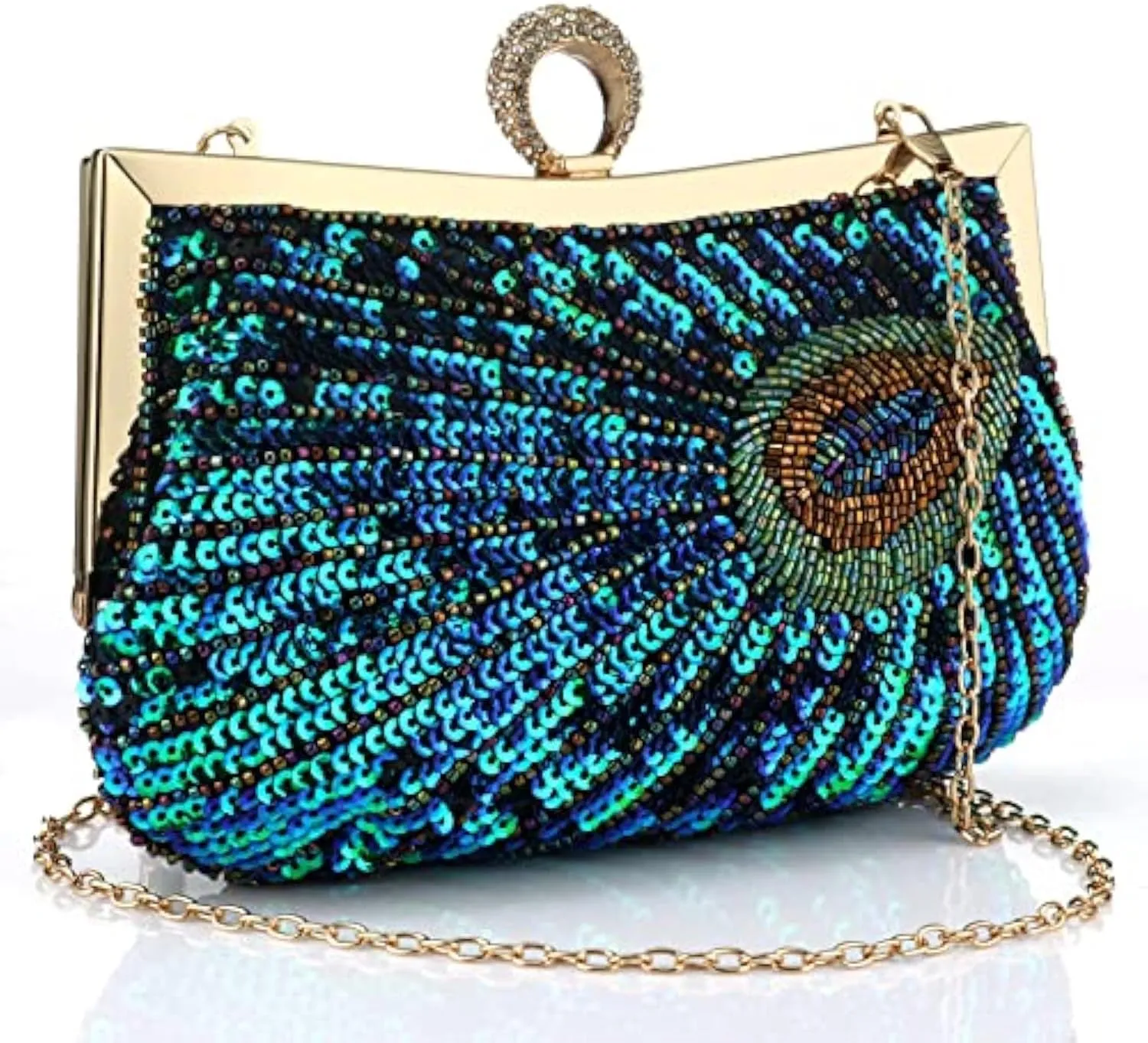 Peacock Evening Bags Clutch Purse for Women Bead Sequins Vintage Purses Crossbody Handbags with Detachable Chains