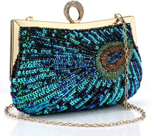 Peacock Evening Bags Clutch Purse for Women Bead Sequins Vintage Purses Crossbody Handbags with Detachable Chains