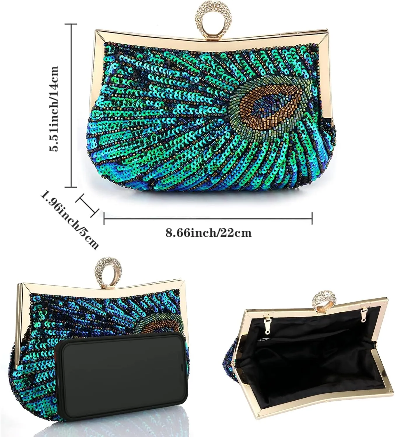 Peacock Evening Bags Clutch Purse for Women Bead Sequins Vintage Purses Crossbody Handbags with Detachable Chains