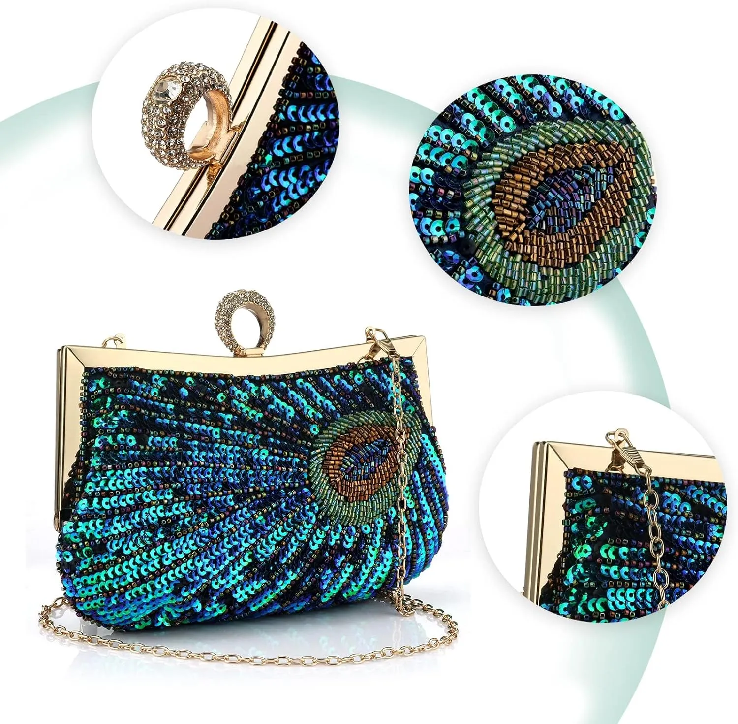 Peacock Evening Bags Clutch Purse for Women Bead Sequins Vintage Purses Crossbody Handbags with Detachable Chains