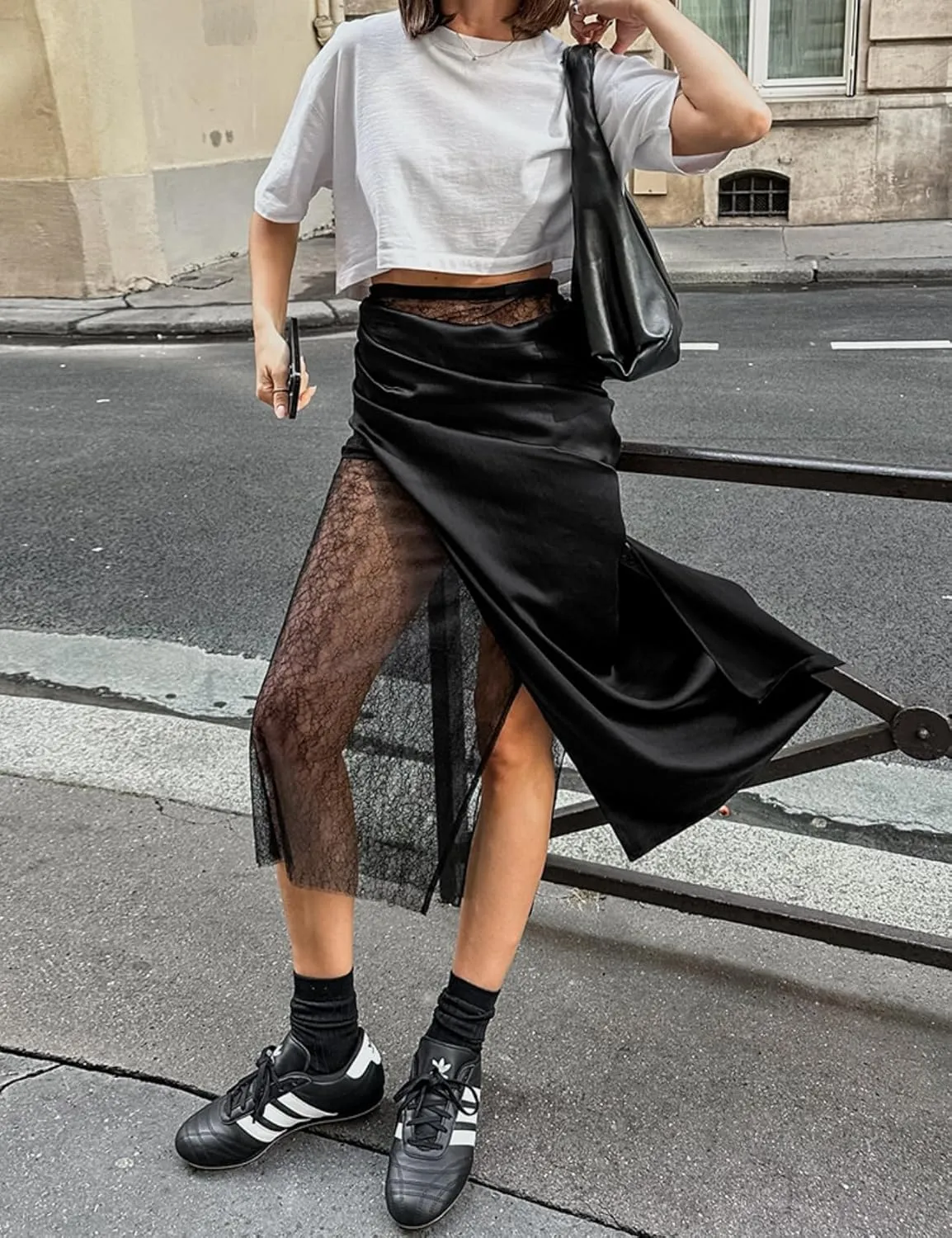 Perbai Womens Sheer Mesh Lace Patchwork Satin Silk Skirt High Waisted Slit A Line Flowy Y2K Going Out Midi Skirts