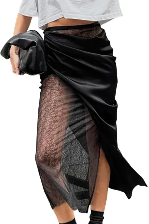 Perbai Womens Sheer Mesh Lace Patchwork Satin Silk Skirt High Waisted Slit A Line Flowy Y2K Going Out Midi Skirts