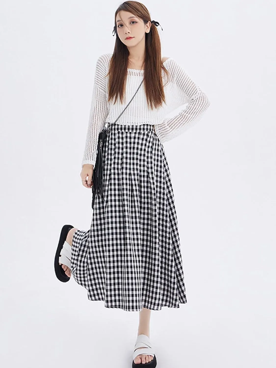 Perbai Womens Summer Plaid Skirt High Waisted Flowy A Line Pleated Tartan Long Midi Skirts