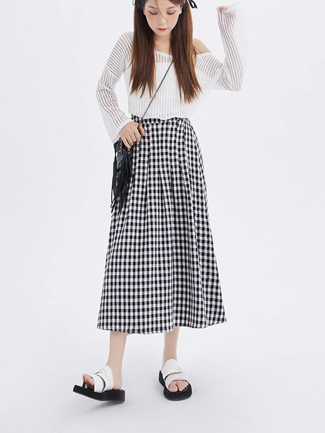 Perbai Womens Summer Plaid Skirt High Waisted Flowy A Line Pleated Tartan Long Midi Skirts