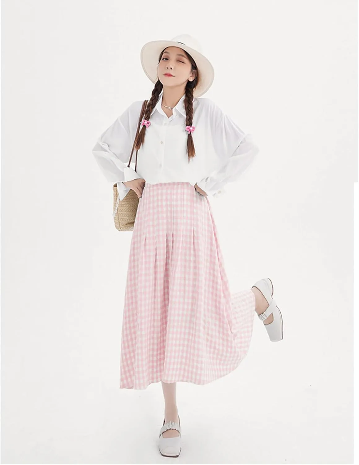 Perbai Womens Summer Plaid Skirt High Waisted Flowy A Line Pleated Tartan Long Midi Skirts
