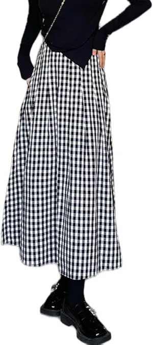 Perbai Womens Summer Plaid Skirt High Waisted Flowy A Line Pleated Tartan Long Midi Skirts