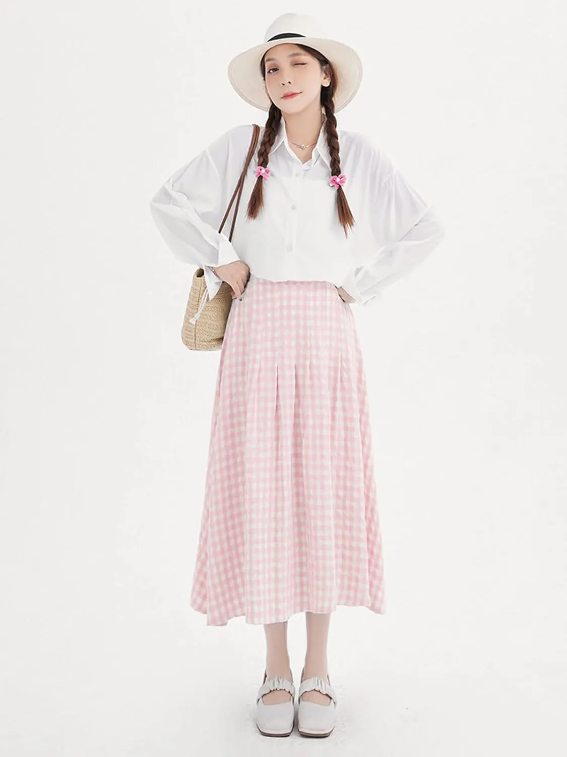 Perbai Womens Summer Plaid Skirt High Waisted Flowy A Line Pleated Tartan Long Midi Skirts