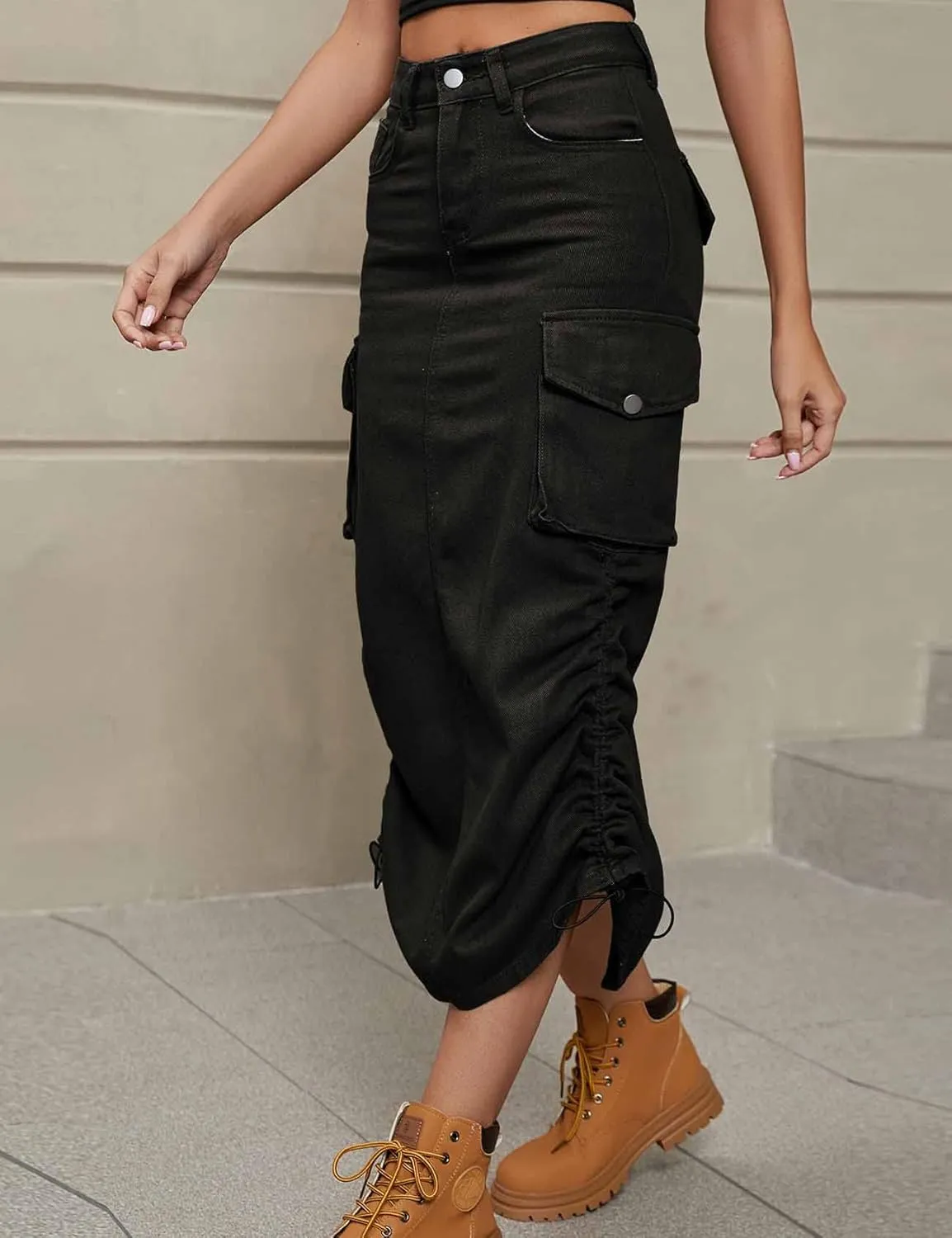 Perbai Women's Y2K Cargo Skirt High Waisted Side Drawstring Ruched Midi Denim Skirt with Pockets