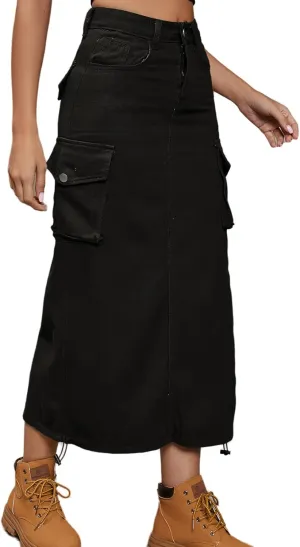 Perbai Women's Y2K Cargo Skirt High Waisted Side Drawstring Ruched Midi Denim Skirt with Pockets