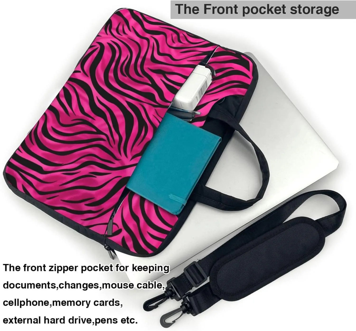 Pink Zebra Print Laptop Bag, Zebra Skin Laptop Case Sleeve Women Men Messenger Shoulder Bag Briefcases 15.6 Inch