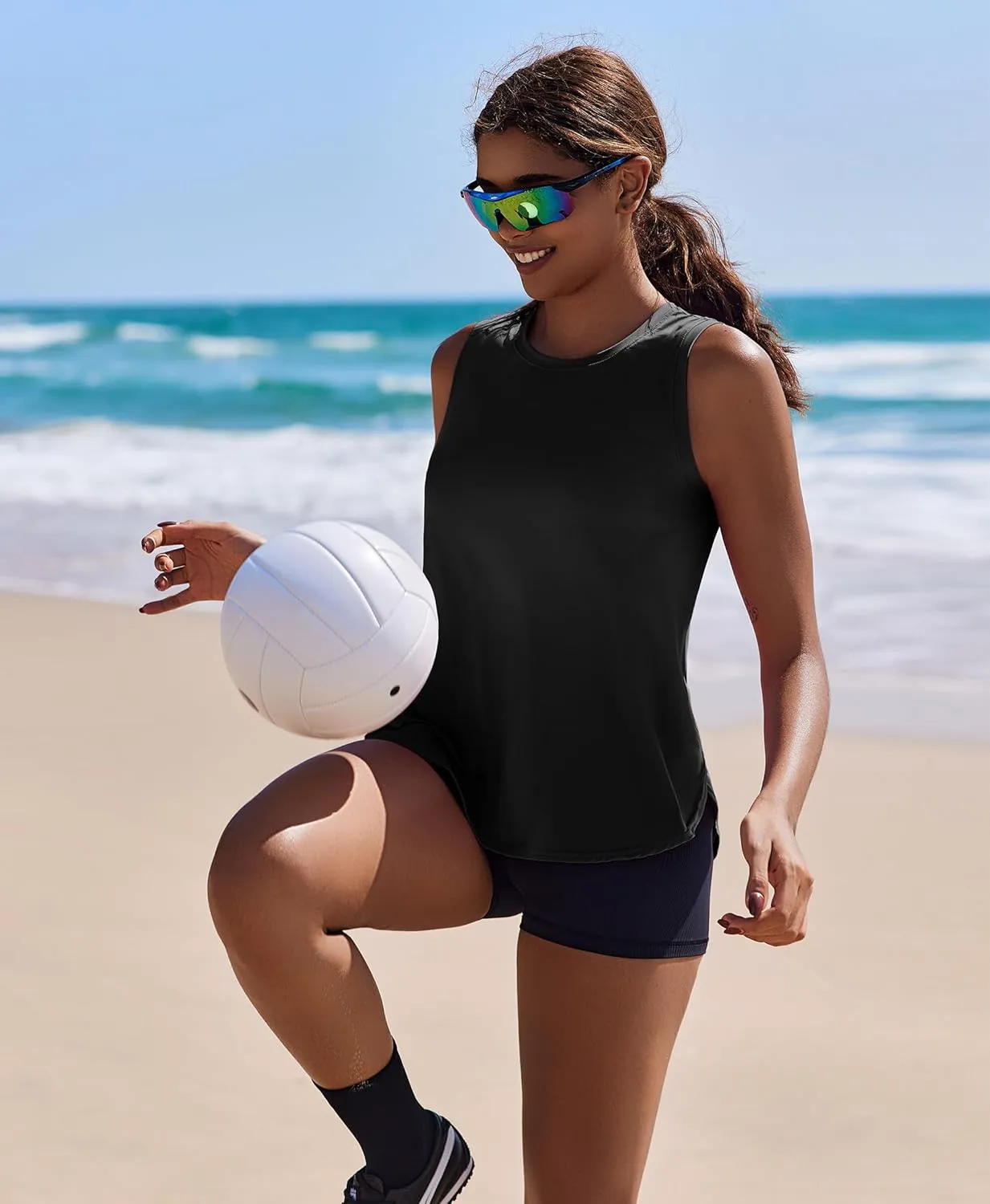 PINSPARK Workout Tank Tops Woman UPF 50  Yoga Tanks Quick Dry Sleeveless Gym Shirts with Side Slits Loose Fit Athletic Top