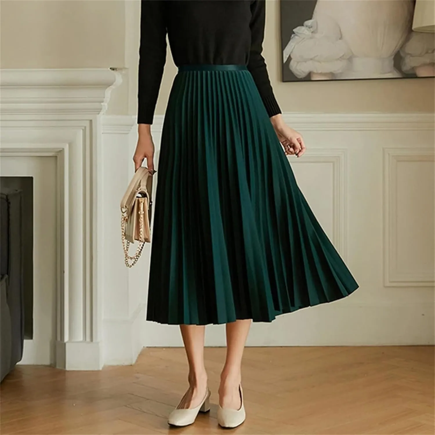 Pleated Skirt, Elegant Elastic High Waist A-LINE for Office Ladies' Work, Midi Long