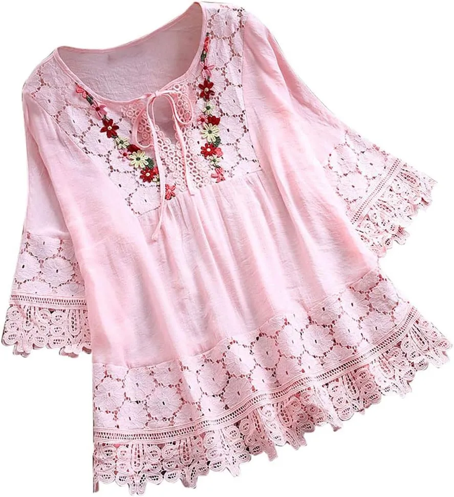 Plus Size Blouse Women Vintage Lace Patchwork Bow V-Neck Embroidery Summer Three Quarter Retro Solid Tops T-Shirt S-5XL