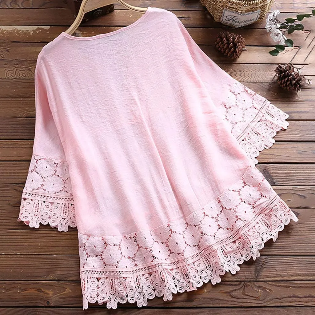 Plus Size Blouse Women Vintage Lace Patchwork Bow V-Neck Embroidery Summer Three Quarter Retro Solid Tops T-Shirt S-5XL