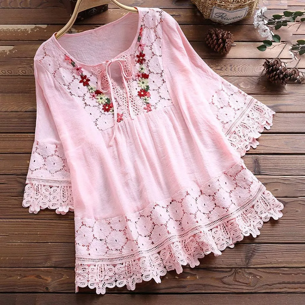Plus Size Blouse Women Vintage Lace Patchwork Bow V-Neck Embroidery Summer Three Quarter Retro Solid Tops T-Shirt S-5XL
