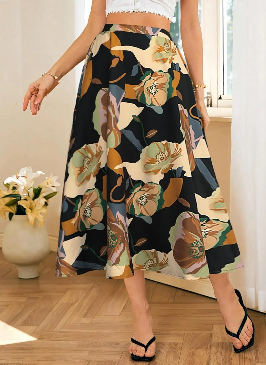 POPZONE Women's Maxi Skirts Elastic High Waist Long Skirts Below The Knee Flowy Floral Summer Skirts for Women