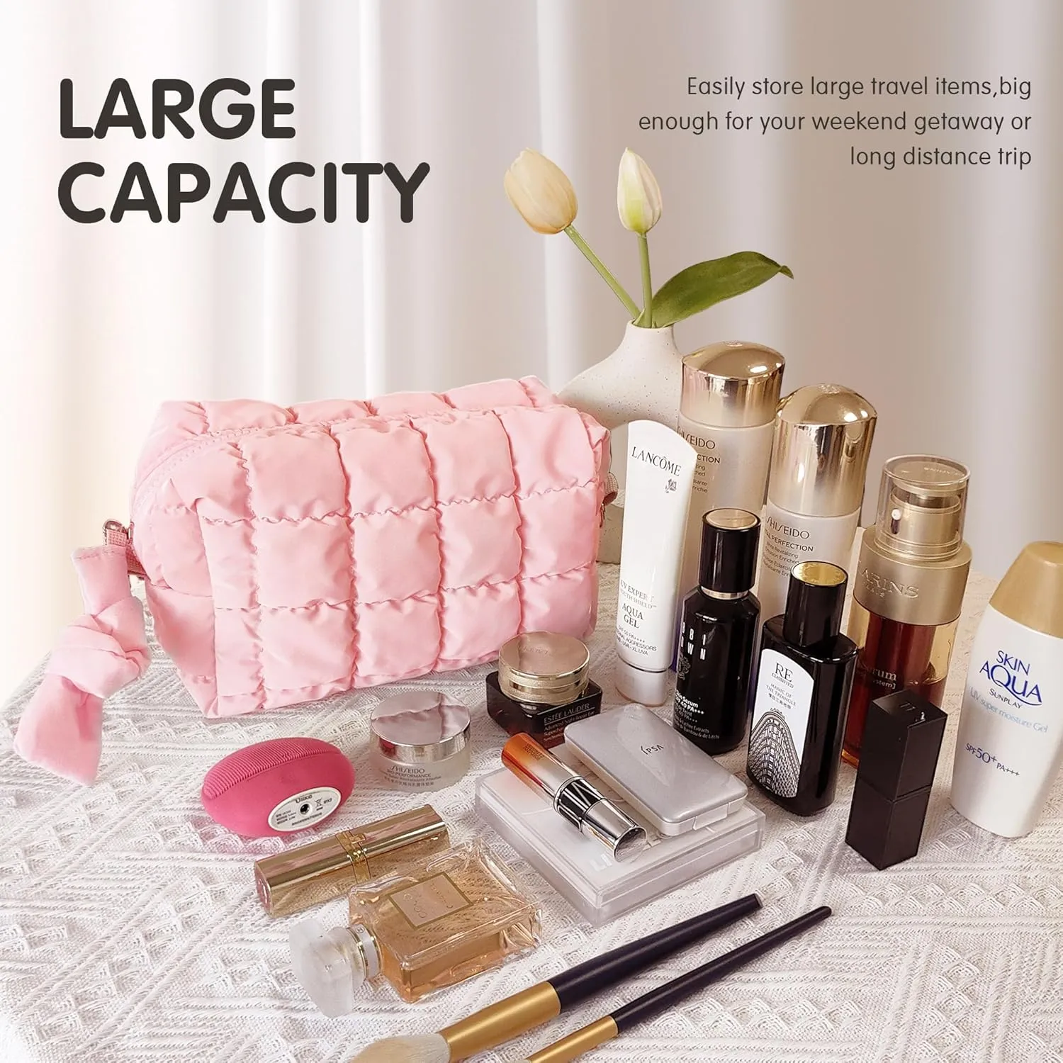 Quilted Makeup Bag Puffy Cosmetic Bag, Travel Toiletry Bag for Women, Cute Makeup Organizer Bag for Gifts Hot Pink Puffer Makeup Pouch