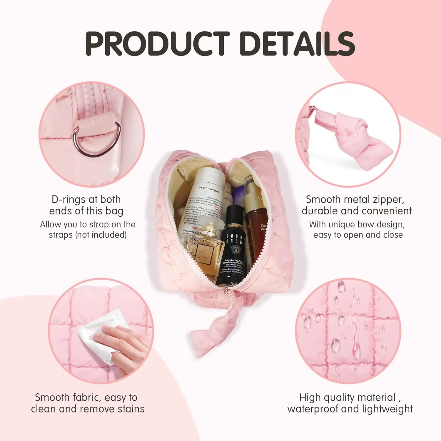 Quilted Makeup Bag Puffy Cosmetic Bag, Travel Toiletry Bag for Women, Cute Makeup Organizer Bag for Gifts Hot Pink Puffer Makeup Pouch