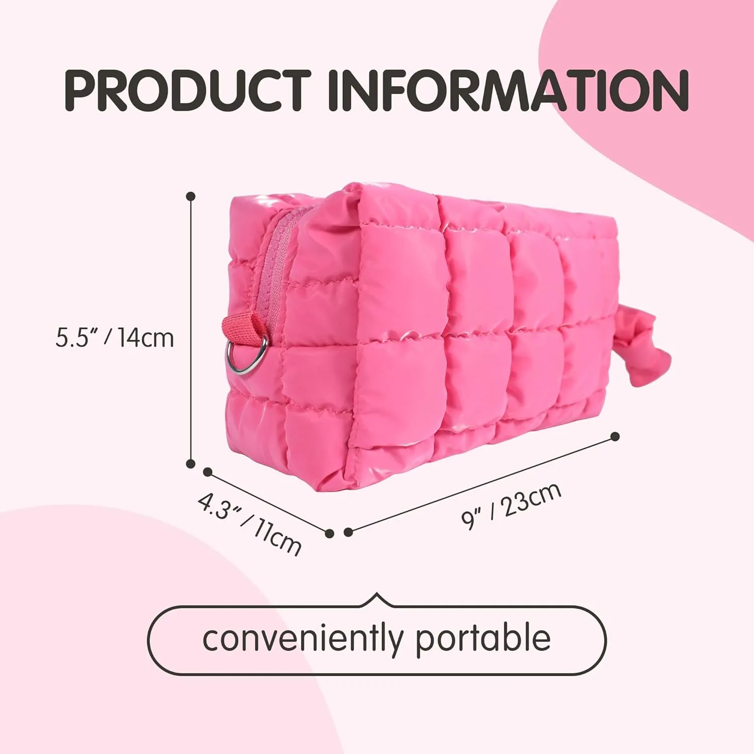 Quilted Makeup Bag, Puffy Cosmetic Organizer, Travel Toiletry Bag, Hot Pink Puffer Makeup Pouch