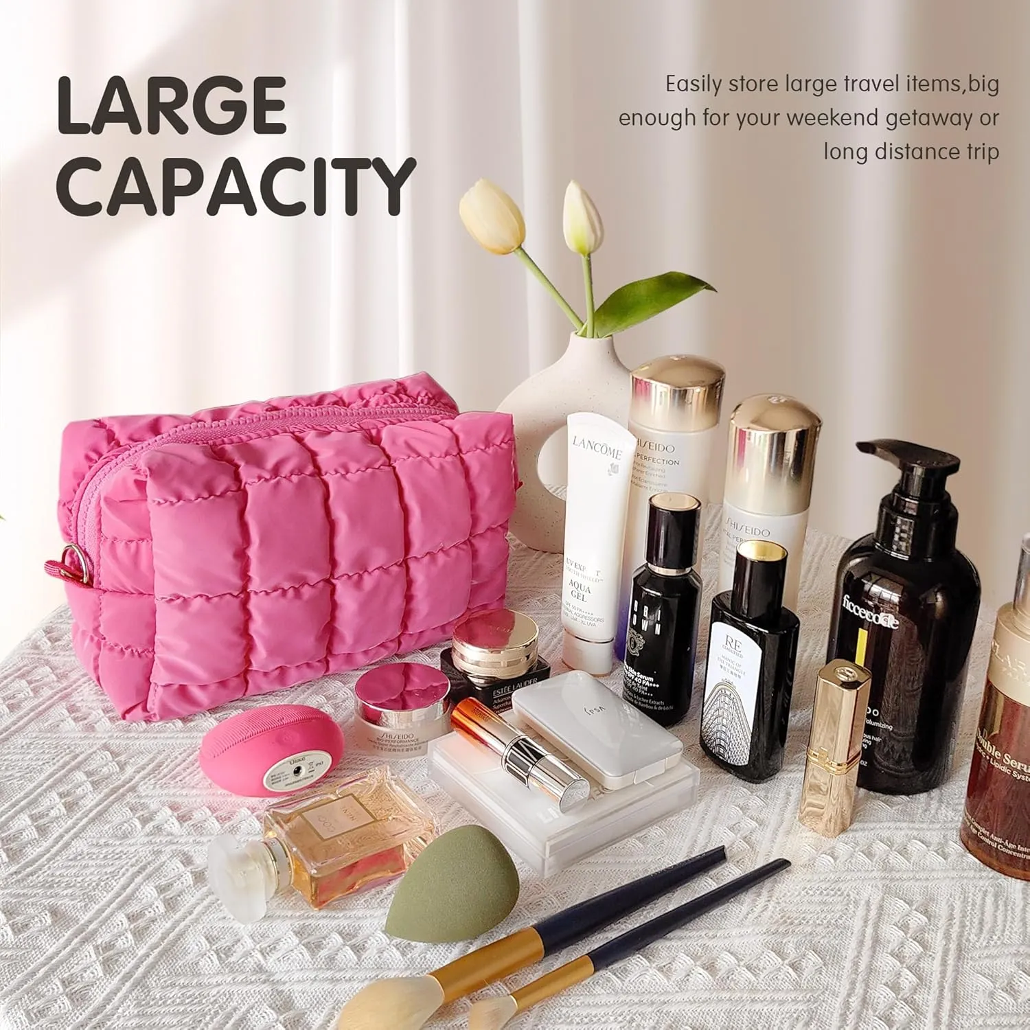 Quilted Makeup Bag, Puffy Cosmetic Organizer, Travel Toiletry Bag, Hot Pink Puffer Makeup Pouch