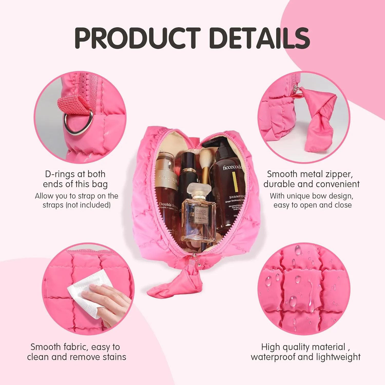 Quilted Makeup Bag, Puffy Cosmetic Organizer, Travel Toiletry Bag, Hot Pink Puffer Makeup Pouch