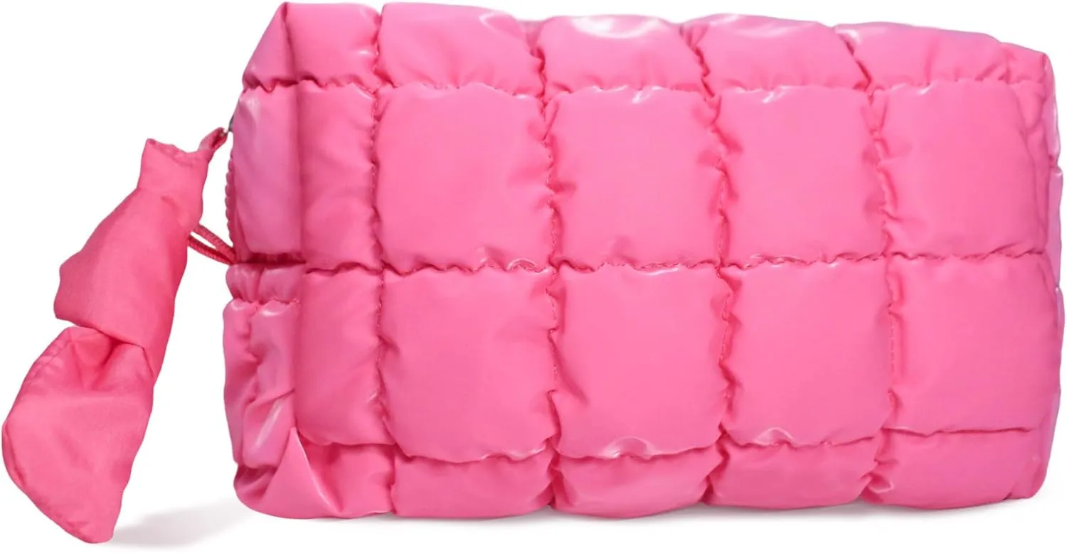 Quilted Makeup Bag, Puffy Cosmetic Organizer, Travel Toiletry Bag, Hot Pink Puffer Makeup Pouch