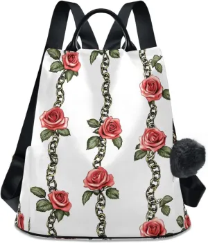 Red Rose Chains Backpack for Women Anti Theft Large Fashion Travel Shoulder Bag Purse Rucksack Lightweight