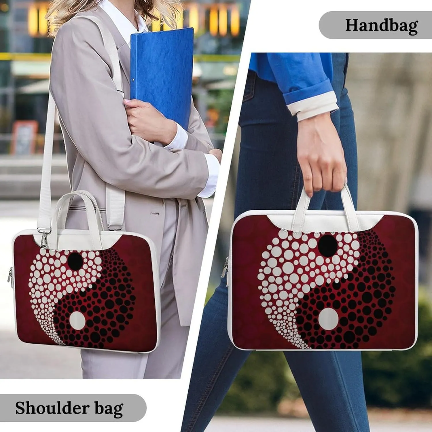 Red Wave Point Tai Chi Leather Bag Laptop Case Slim Water Resistant Computer Bags with Handle Briefcase for Work