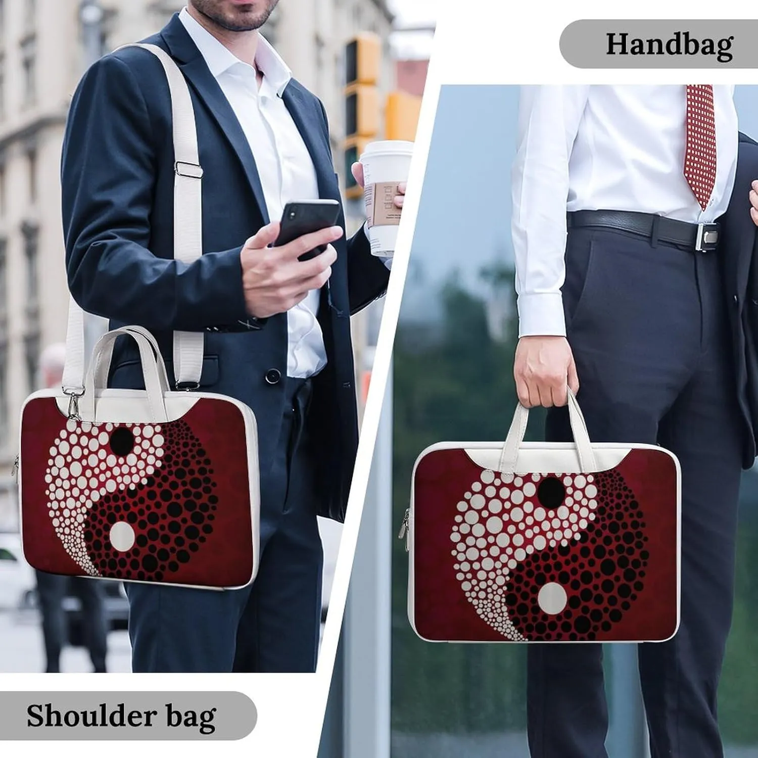 Red Wave Point Tai Chi Leather Bag Laptop Case Slim Water Resistant Computer Bags with Handle Briefcase for Work