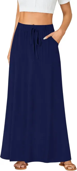 Rooscier Women's Elastic High Waist Back Slit A-Line Long Skirt with Pocket