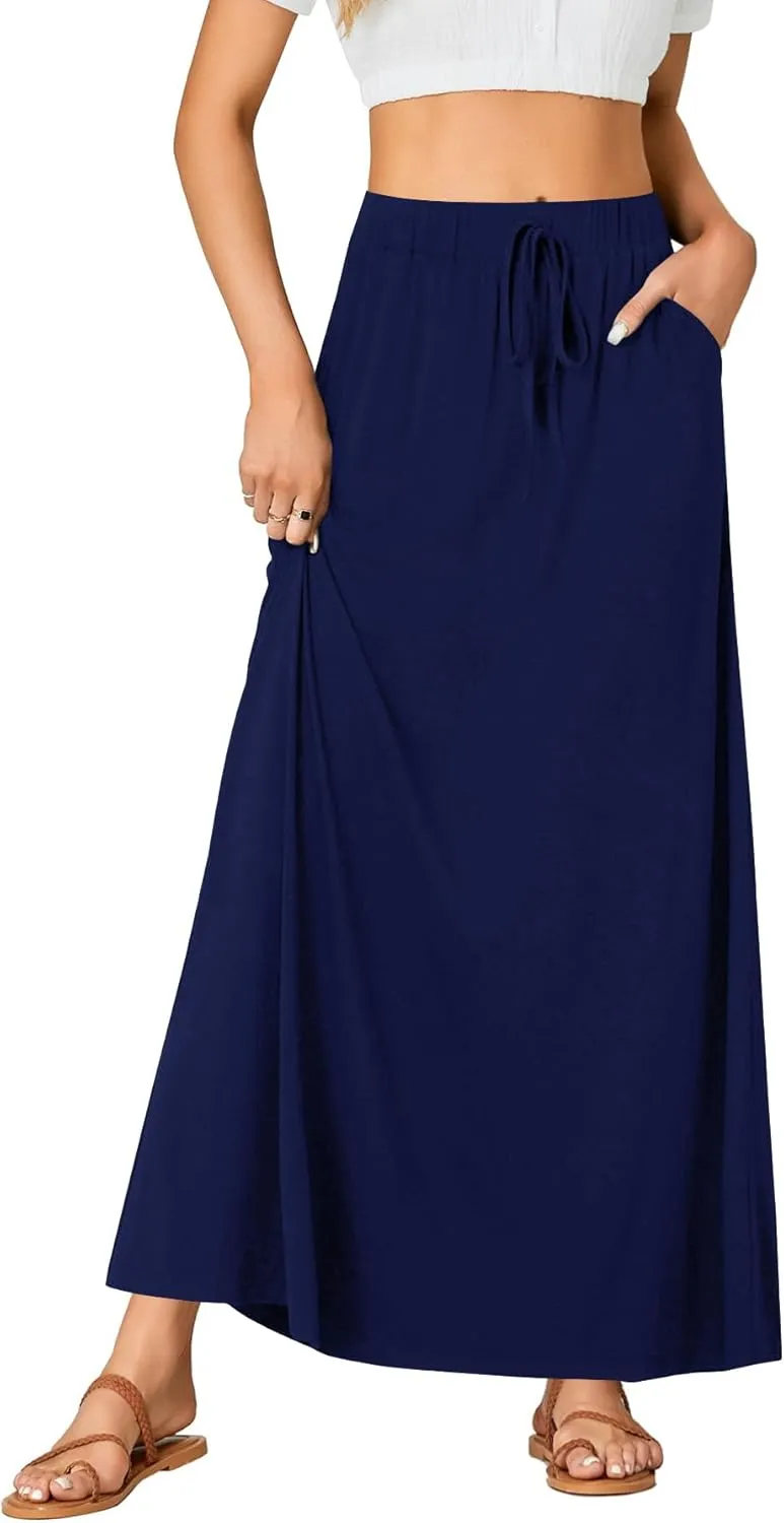 Rooscier Women's Elastic High Waist Back Slit A-Line Long Skirt with Pocket