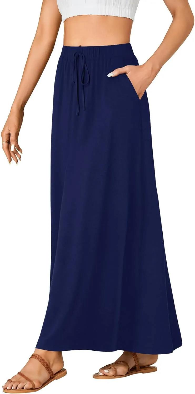 Rooscier Women's Elastic High Waist Back Slit A-Line Long Skirt with Pocket