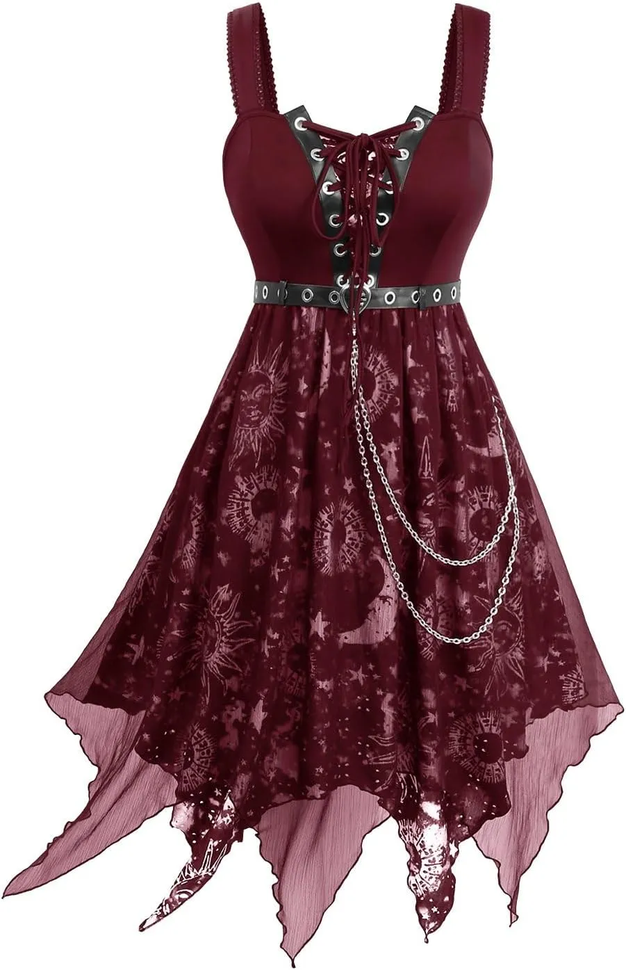 Rosegal Women Plus Size Sun Moon Star Goth Dress Chains Lace-up Grommet Sleeveless Midi Dress
