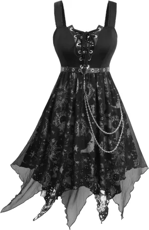Rosegal Women Plus Size Sun Moon Star Goth Dress Chains Lace-up Grommet Sleeveless Midi Dress