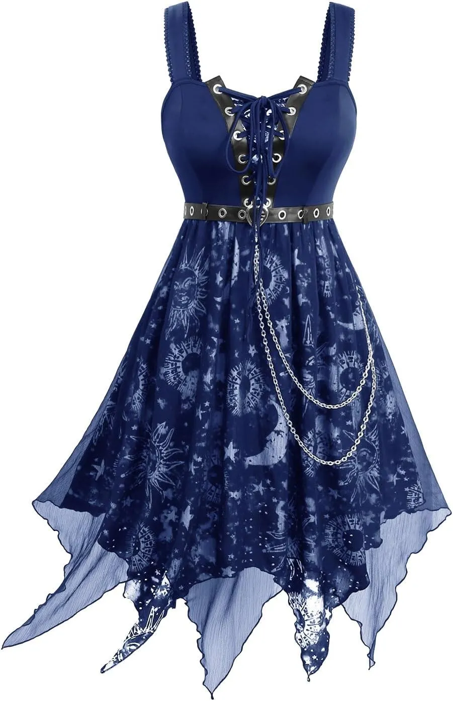Rosegal Women Plus Size Sun Moon Star Goth Dress Chains Lace-up Grommet Sleeveless Midi Dress