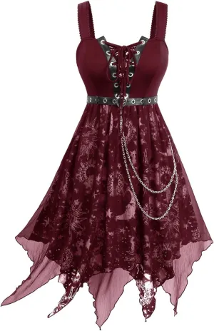 Rosegal Women Plus Size Sun Moon Star Goth Dress Chains Lace-up Grommet Sleeveless Midi Dress