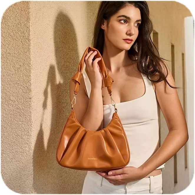 Ruched Shoulder Purse for Women Trendy Lightweight Soft Foldable Leather Clutch Bags with Zipper Handbag for Women