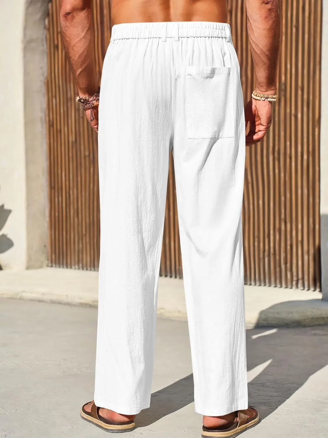 Runcati Mens Casual Cotton Pants Loose Fit Lightweight Elastic Waist Pants Baggy Wide Leg Summer Beach Yoga Linen Trousers