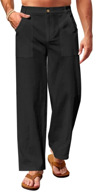 Runcati Mens Casual Cotton Pants Loose Fit Lightweight Elastic Waist Pants Baggy Wide Leg Summer Beach Yoga Linen Trousers