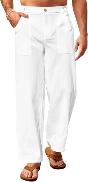 Runcati Mens Casual Cotton Pants Loose Fit Lightweight Elastic Waist Pants Baggy Wide Leg Summer Beach Yoga Linen Trousers