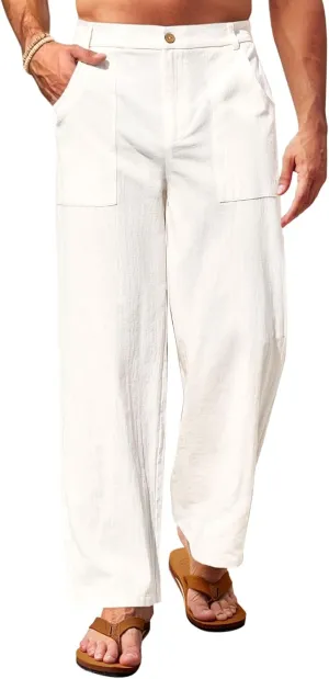 Runcati Mens Casual Cotton Pants Loose Fit Lightweight Elastic Waist Pants Baggy Wide Leg Summer Beach Yoga Linen Trousers