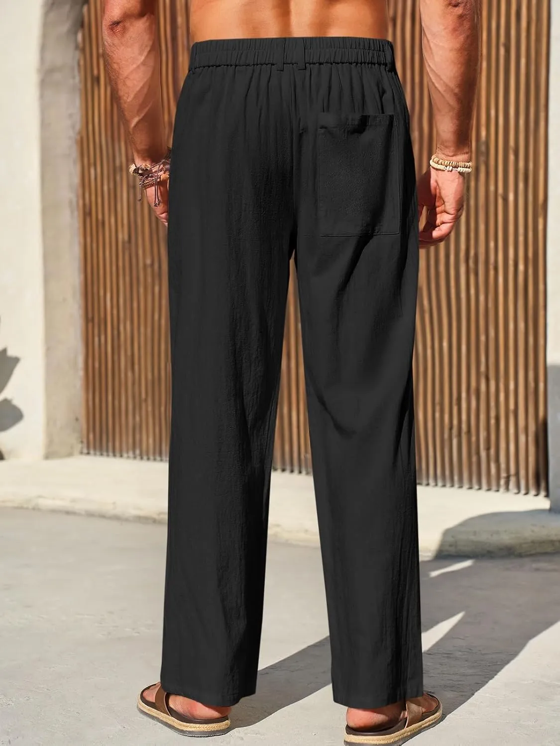 Runcati Mens Casual Cotton Pants Loose Fit Lightweight Elastic Waist Pants Baggy Wide Leg Summer Beach Yoga Linen Trousers
