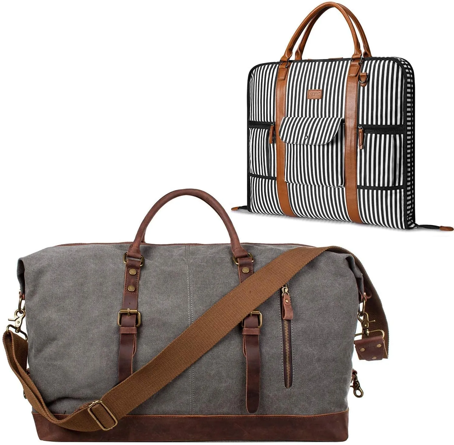 S-ZONE Oversized Canvas Genuine Leather Duffel Shoulder Weekender Bag Overnight Handbag Carry On Garment Bag Business Travel Men Suit Cover