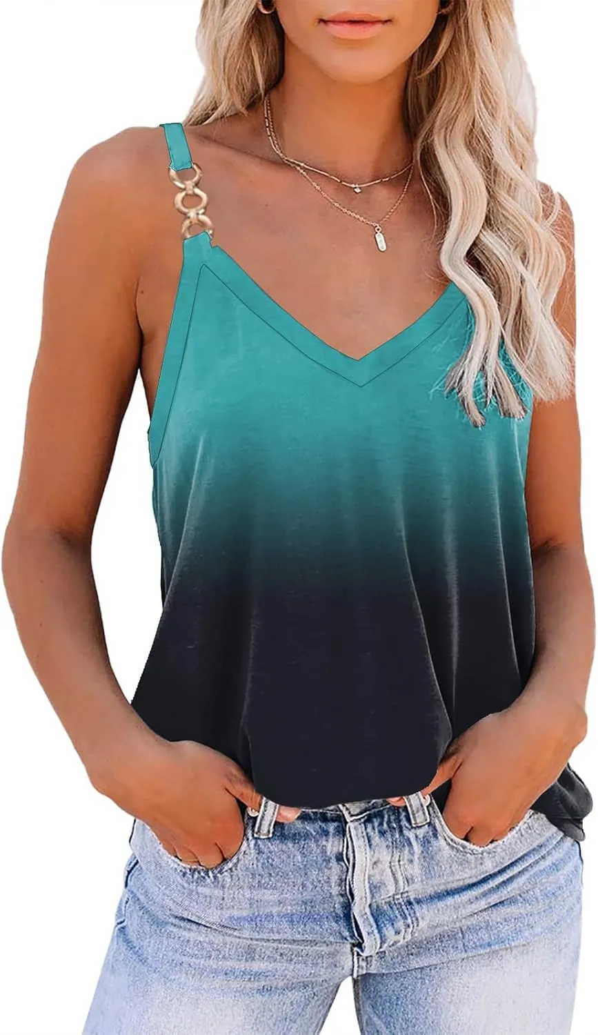 SAUKOLE Summer Tank Tops for Women V Neck Womens Fashion Sleeveless Top Loose Fit Casual Stripe Shirts Blouse