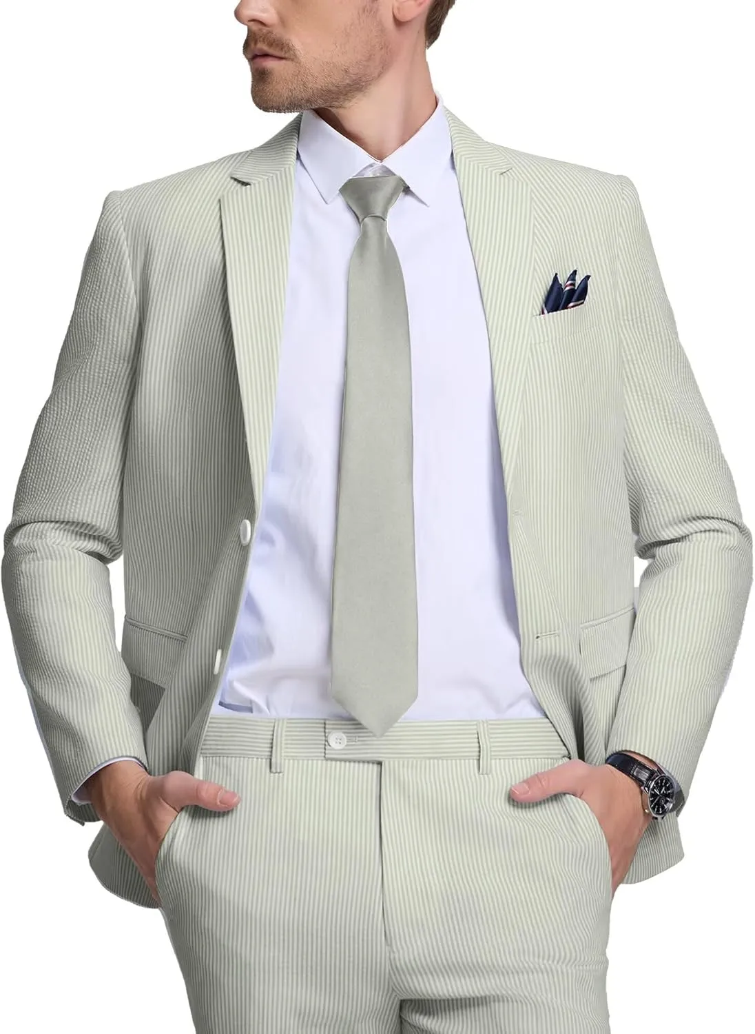 Seersucker Mens Suit 2 Piece Slim Fit Stripe Suits Tuxedo Blazer Jackets Pants Set Summer Beach Wedding Outfit for Men