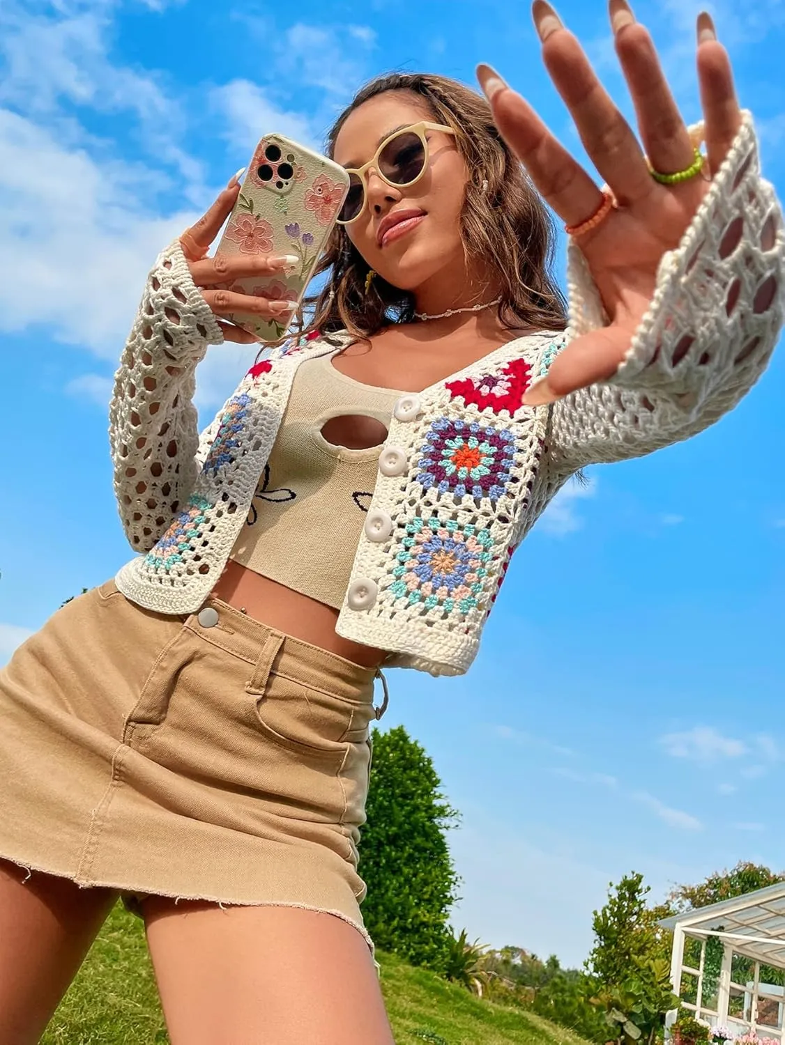 SHENHE Women's Floral Crochet Cardigan Hollow Out V Neck Button Down Long Sleeve Cropped Sweater