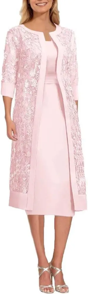 Short Sleeve Mother of The Bride Dresses with Jackets Laces Chiffon 2 Piece Formal Party Gowns Tea Length