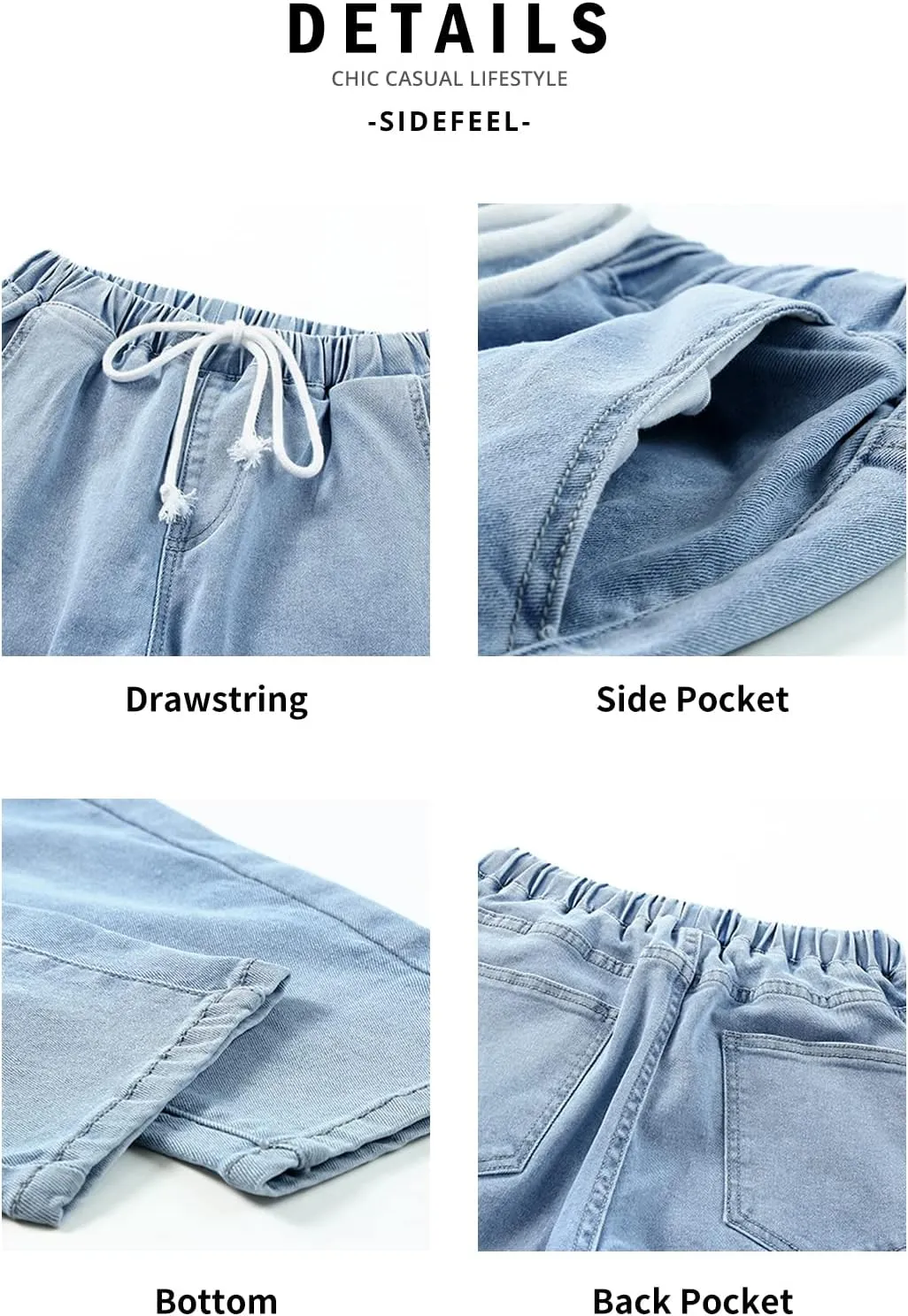 Sidefeel Women's Denim Stretch Joggers Drawstring Elastic Waist Pull On Jeans with Side Pocket
